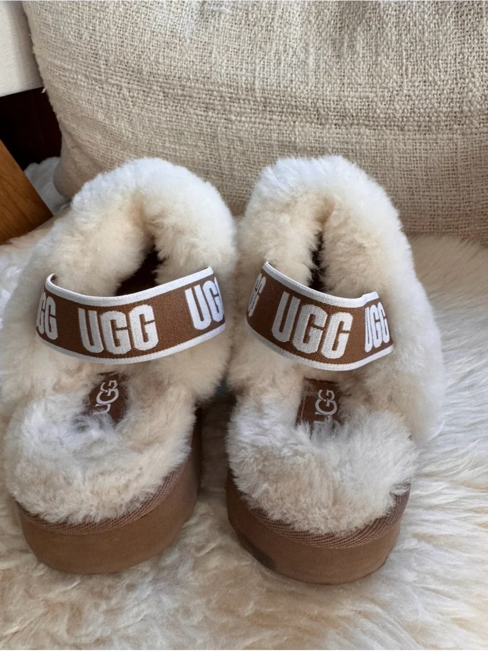 UGG Kids Funkette Chestnut Brown Suede Shearling Slide with Cream Fur